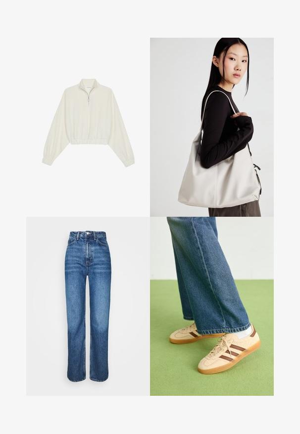 Pullover curto em tecido creme, apresentando um colarinho alto, fecho de meio zíper, bainha e punhos elásticos, com uma textura suave e design minimalista.; Weekday ROWE EXTRA HIGH - Calças de ganga de perna direita - sea blue; Tenis bege com painéis texturizados em creme e riscas castanhas, combinados com jeans de ganga azul. Os jeans têm um corte largo e uma bainha desfiada.; Uma bolsa bege feita de material macio, com um design descontraído, detalhes de costura e duas alças para o ombro. Adequada para uso diário.