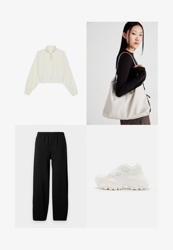 Cropped pullover in cream fabric, featuring a high collar, half-zip closure, elasticated hem and cuffs, with a smooth texture and minimal design.; Black wide-leg pants with an elastic waistband and visible vertical seams on each leg against a white background.; White chunky sneakers featuring a textured upper, mesh panels, and thick rubber soles with prominent tread pattern. Laces and pull tab included.; Beige handbag made of soft material, featuring a slouchy design, stitched detailing, and two shoulder straps. Suitable for everyday use.