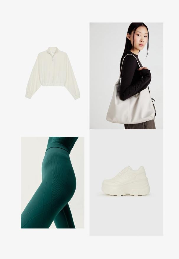 Kreminės spalvos trumpas megztinis, turintis aukštą apykaklę, pusiau užtrauktuką, elastinį apačią irRankovių kraštus, su lygiu paviršiumi ir minimalizuotu dizainu.; Aukštos juosmens žali leggingai su gebeniškos tekstūros ir bangų raštu; prigludęs dizainas, atitinkantis kūno formas, su akcentiniais siuvimo detalėmis.; Baltos platformos sportbačiai su lygiu odos primenančiu paviršiumi, apvalia forma, paminkštintu apykakle ir tekstūruotu guminiu padu su ryškiais protektoriais.; Bežinė rankinė, pagaminta iš minkštos medžiagos, turinti laisvą dizainą, siuvinėtas detalės ir dvi petnešos. Tinkama kasdieniam naudojimui.