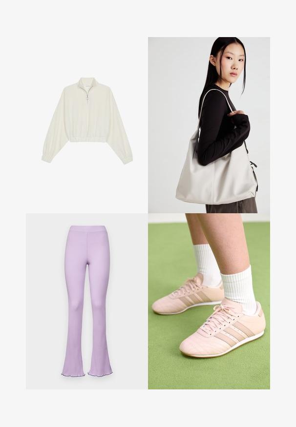Lyhyt kerrosvaate vaaleasta kankaasta, jossa on korkea kaulus, puolivetoketjukiinnitys, joustavat helma ja hihansuut, tasainen pinta ja minimalistinen muotoilu.; Vaaleanliilat ribattu leveälahkeiset housut, joissa on joustava vyötärö ja röyhelöreunat. Pehmeä rakenne, tiukka siluetti ja rento muotoilu.; Vaaleanpunaiset urheilukengät, joissa on vino sauma, valkoiset pohjat ja kolme sivuraidetta. Käänteiset valkoiset sukat päällä vihreällä pinnalla.; Beige laukku, joka on valmistettu pehmeästä materiaalista, ja siinä on rento muotoilu, ommeltu yksityiskohtia ja kaksi olkahihnaa. Sopii päivittäiseen käyttöön.