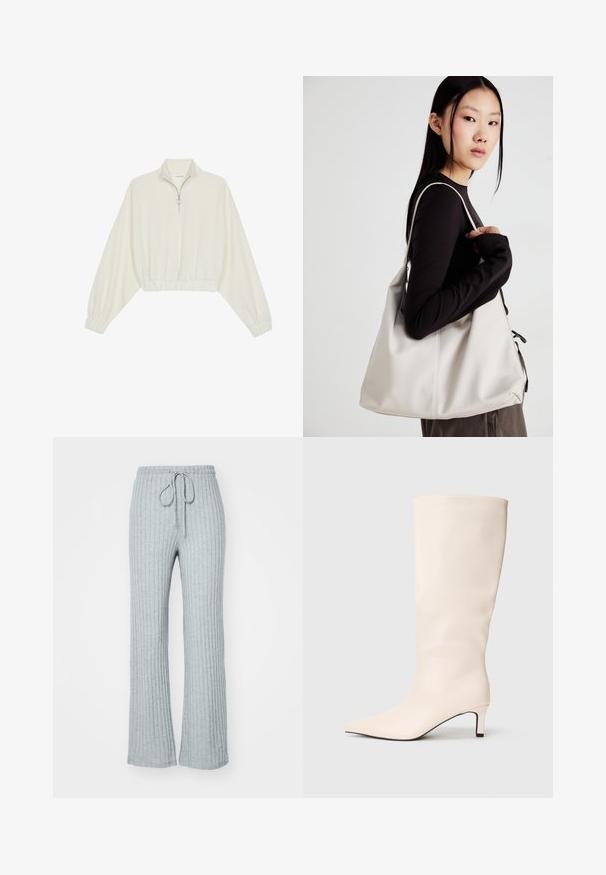 Skraćeni pulover od kremastog materijala, s visokim ovratnikom, zatvaranjem na polovicu munje, elastičnim rubom i manžetama, s glatkom teksturom i minimalnim dizajnom.; Svijetlosive rebraste trenirke s pojasom na vezanje, rasirenim nogavicama i mekanom teksturom. Dizajn sadrži vertikalne pruge kroz cijelu dužinu.; Krem-bijele kožne čizme do koljena s šiljastim nosom i niskom kitten petom na neutralnoj pozadini.; Bežna torba od mekog materijala s opuštenim dizajnom, šivanim detaljima i dva remena za rame. Pogodna za svakodnevnu upotrebu.