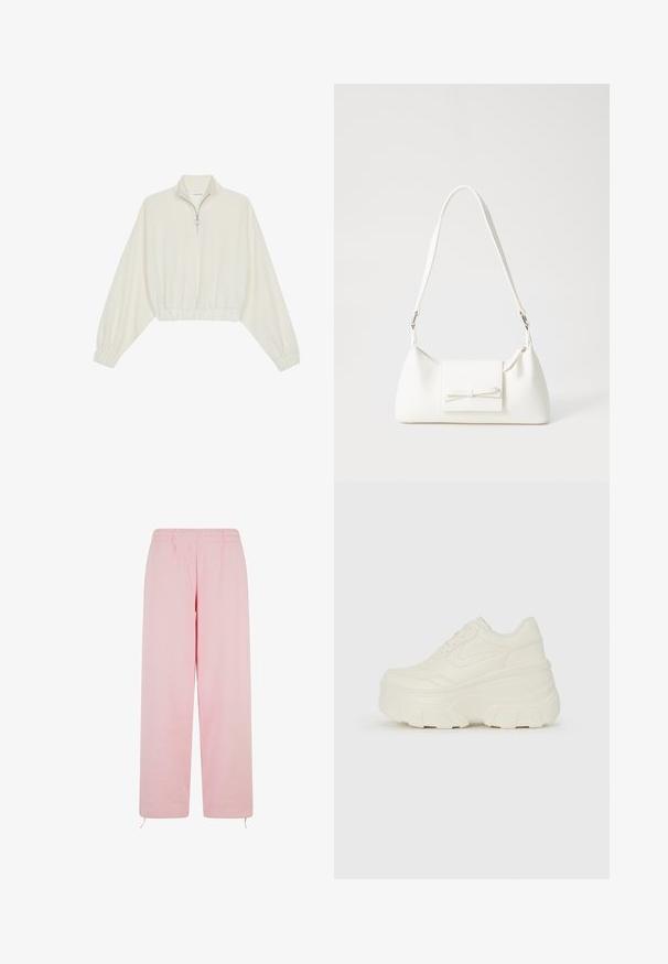 Skraćeni pulover od kremastog materijala, s visokim ovratnikom, zatvaranjem na polovicu munje, elastičnim rubom i manžetama, s glatkom teksturom i minimalnim dizajnom.; Svijetloružičaste trenerke napravljene od mekanog materijala, s elastičnim pojasom, ravnim nogavicama i podesivim vezicama na rubu.; Bijele platformske tenisice s glatkim gornjim dijelom koji nalikuje koži, zaobljenim oblikom, podstavljenim okvirom i teksturiranim gumeni potplat s definiranom profilacijom.; Bijela sintetička torbica s trokutastim oblikom, ravnim prednjim poklopcem i detaljem u obliku mašne, podesivom remenom, glatkom teksturom i minimalističkim dizajnom.