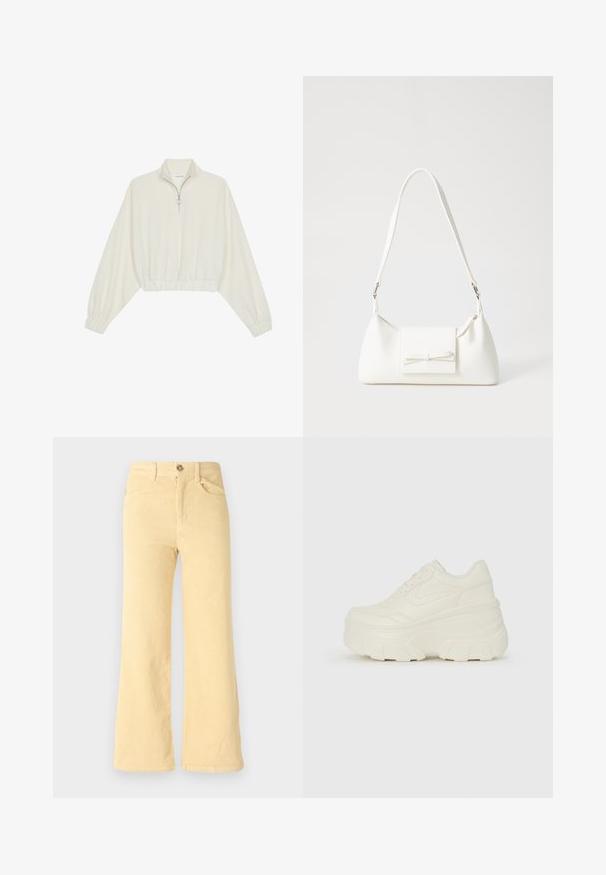 Zkrátený pulover z krémového materiálu, s vysokým golierom, polovičným zipsom, elastickým lemom a manžetami, s hladkou textúrou a minimalistickým dizajnom.; Žlté kordurovové rozšírené nohavice s ribovanou textúrou, obsahujúce päť vreciek a predné zapínanie na gombík.; Biele platformové tenisky s hladkým koženkovým svrchným materiálom, zaobleným tvarom, polstrovaným golierom a textúrovanou gumovou podrážkou s výrazným vzorom.; Biela syntetická kabelka s trojuholníkovým tvarom, plochým predným klapkou a detailom mašle, nastaviteľným popruhom, hladkou textúrou a minimalistickým dizajnom.