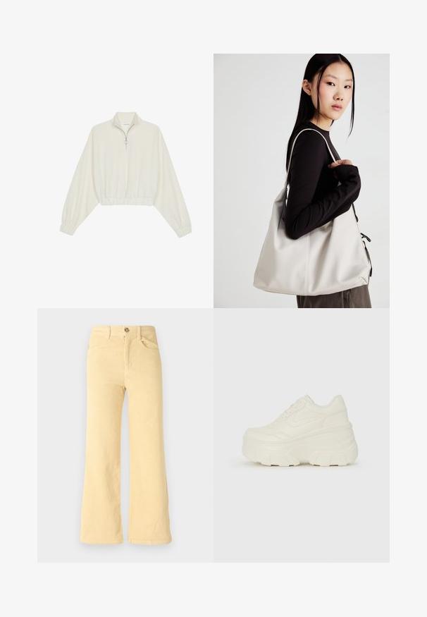 Kratka pulover v kremnem blagu, z visokim ovratnikom, pol-zadrgo, elastičnim robom in manšetami, z gladko teksturo in minimalističnim oblikovanjem.; Rumene kordurojske flare hlače z ribasto teksturo, z petimi žepi in sprednjim gumbom za zapiranje.; Bele platformske tene z belim zgornjim delom, ki spominja na usnje, okroglo obliko, oblazinjen ovratnik ter gumo z teksturo na podplatu z izrazitimi profili.; Bežna torbica iz mehkega materiala, z ohlapno zasnovo, šivi in dvema naramnicama. Primerna za vsakodnevno uporabo.