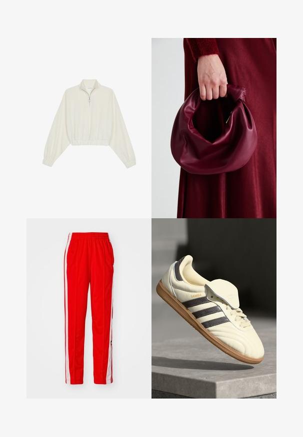 Kreptais pusītes džemperis krēmkrāsā, ar augstu apkakli, puszipa aizdari, elastīgu apakšmalu un aprocēm, ar gludu tekstūru un minimālistisku dizainu.; Sarkani sporta bikses ar baltām sānu svītrām, elastīga josta, taisna kāju forma, gluda tekstūra un maigs logo detaļas pie apakšmalas.; Krēmkrāsas ādas tenisbikses ar trim tumšiem svītrām, brūnu gumijas zoli un noapaļotu purngalu. Iezīme ir locījamā mēle ar uzrakstu "SAMBA".; Burgundijas ādas rokassoma ar mīkstu, sakrautu dizainu un apaļu formu. Rokturi ir nostiprināti, parādot gludu tekstūru.