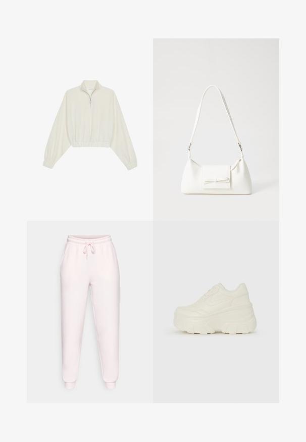 Skórzany pulower w kolorze kremowym, z wysokim kołnierzem, półzamkiem, elastycznym wykończeniem u dołu i mankietami, o gładkiej teksturze i minimalistycznym designie.; Jasnoróżowe spodnie dresowe z miękkiego materiału, z elastycznym paskiem w talii ze sznurkiem, kieszeniami bocznymi oraz ściągaczami na kostkach.; Białe sneakersy na platformie z gładkim, skórzano przypominającym wierzchem, zaokrąglonym kształtem, wyściełanym kołnierzem oraz teksturowaną gumową podeszwą z wyraźnym bieżnikiem.; Biała syntetyczna torba o trójkątnym kształcie, płaskim przednim klapce i detalach w postaci kokardy, regulowanym pasku, gładkiej fakturze oraz minimalistycznym designie.