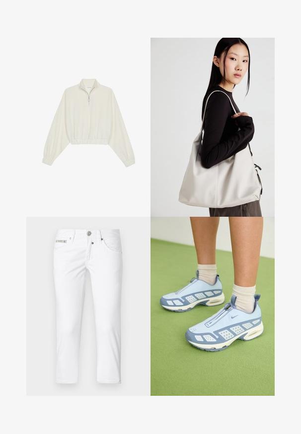 Pullover court en tissu crème, avec un col haut, fermeture éclair à mi-hauteur, ourlet et poignets élastiqués, offrant une texture lisse et un design minimaliste.; Pantalons en denim blanc à coupe slim, cinq poches et fermeture par bouton. Caractéristiques d'un accent logo métallique sur la taille. Texture lisse.; Baskets de sport bleu clair avec des accents blancs, des panneaux texturés et une fermeture éclair. Dotées d'une semelle avec coussin d'air visible et d'une semelle en caoutchouc.; Sac à main beige en matériau souple, avec un design décontracté, des détails cousus et deux poignées. Idéal pour un usage quotidien.