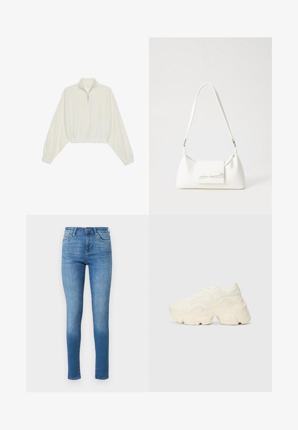 Kratka pulover v kremnem blagu, z visokim ovratnikom, pol-zadrgo, elastičnim robom in manšetami, z gladko teksturo in minimalističnim oblikovanjem.; Tanke kavbojke v srednje modrem denimu. Visok pas, pet žepni dizajn, s subtilnim gubami. Šivani detajli na šivih in robu.; Debele bele športne copate, izdelane iz teksturirane mrežaste in sintetične materialov, z debelim podplatom in zapletenimi vzorčičnimi detajli ob straneh.; Bela sintetična torbica v obliki trikotnika, z ravnim sprednjim poklopcem in detajlom mašne, nastavljivim trakom, gladko teksturo in minimalističnim dizajnom.