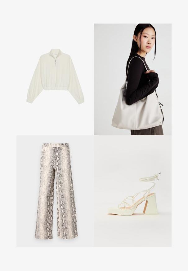Kort genser i kremfarget stoff, med høy krage, halv glidelås, elastisk nederste kant og mansjetter, med en glatt tekstur og minimalistisk design.; Vide benbukser med et slangeskinnmønster, som har en krem- og grå fargepalett, laget av teksturert stoff med høy midje.; Hvit høyhælte sandal med kraftig hæl, med en stroppe-design og ankelbånd. Glatt tekstur med plattform foran for ekstra høyde.; Beige håndveske laget av mykt materiale, med en slapp design, sydd detaljer og to skulderstropper. Passer for daglig bruk.
