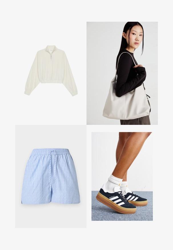 Pullover curto em tecido creme, apresentando um colarinho alto, fecho de meio zíper, bainha e punhos elásticos, com uma textura suave e design minimalista.; Calções em padrão xadrez azul e branco com uma cintura elástica e cordão ajustável. Tecido de algodão suave, corte descontraído e rachas laterais.; Ténis de camurça preta com riscas e detalhes brancos, biqueira arredondada, sola em borracha cor de goma, combinados com meias brancas caneladas até à altura do tornozelo.; Uma bolsa bege feita de material macio, com um design descontraído, detalhes de costura e duas alças para o ombro. Adequada para uso diário.