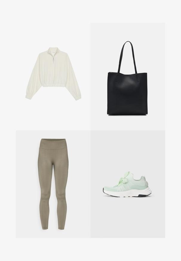 Kreminės spalvos trumpas megztinis, turintis aukštą apykaklę, pusiau užtrauktuką, elastinį apačią irRankovių kraštus, su lygiu paviršiumi ir minimalizuotu dizainu.; Tempiamos leggingai, ramybės alyvuogių žalia spalva. Aukštas juosmens juostos, sklandus paviršius, prisitaikanti konstrukcija ir be siūlių dizainas.; Šviesiai žalia sportinė avalynė su megzta viršutine dalimi, tekstūruotais akcentais ir paminkštintu apvadu. Yra storesnis baltas tarpines padas ir juodas padas.; Juodas odinis tote krepšys su lygia tekstūra, stačiakampio formos ir dviem ilgais rankenomis. Matomų metalinių detalių ar puošybos nėra.