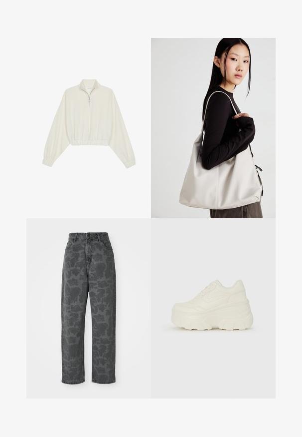 Zkrácený svetr z krémové látky, který má vysoký límec, poloviční zip, elastický spodní lem a manžety, hladkou texturu a minimalistický design.; Šedé denimové džíny s květinovým vzorem, vysokým pasem, rovnými nohavicemi a klasickým pěti kapsovým designem. Odolná tkanina s mírnou texturou.; Bílé platformové tenisky s hladkým svrškem podobným kůži, zaobleným tvarem, polstrovaným límcem a texturovanou gumovou podrážkou s vyznačenými vzory.; Beige kabelka vyrobená z měkkého materiálu, s volným designem, prošívanými detaily a dvěma ramenními popruhy. Vhodná pro každodenní použití.