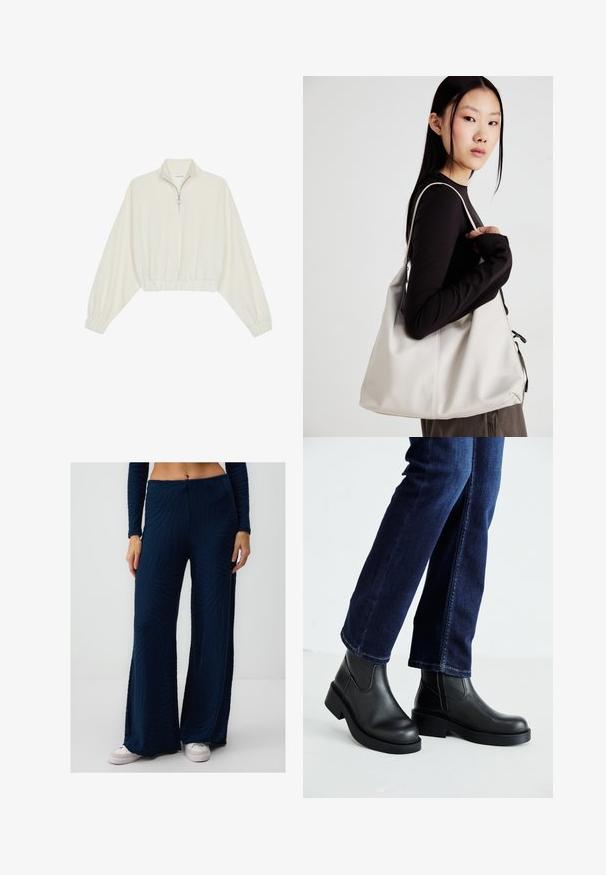 Pullover accorciato in tessuto crema, con colletto alto, chiusura a zip parziale, orlo e polsini elasticizzati, dalla texture liscia e design minimal.; Pantaloni a zampa d'elefante di colore blu navy in tessuto strutturato con motivo a strisce zebra; design a vita alta; indossati con sneakers bianche.; Stivali neri in pelle alla caviglia con suola spessa e pannelli elastici laterali, abbinati a jeans blu scuro. Il terreno è di colore chiaro.; Borsa a mano beige realizzata in materiale morbido, caratterizzata da un design morbido, dettagli cuciti e due manici. Adatta per l'uso quotidiano.
