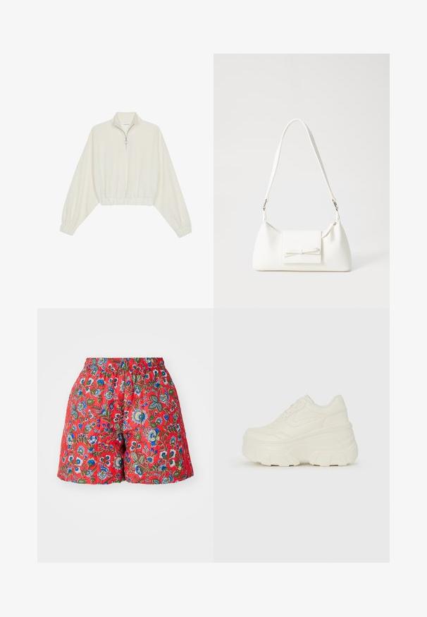 Kreptais pusītes džemperis krēmkrāsā, ar augstu apkakli, puszipa aizdari, elastīgu apakšmalu un aprocēm, ar gludu tekstūru un minimālistisku dizainu.; Sarkanie ziedu šorti ar elastīgu jostasvietu. Satur zilus un zaļus ziedu rakstus, gludu tekstūru un brīvu piegriezumu.; Baltie platformas sporta apavi, kas izgatavoti no gludas mākslīgās ādas, ar noapaļotu formu, mīkstu apkakli un teksturētu gumijas zoli ar izteiktiem rakstiem.; Balta sintētiska soma ar trīsstūrveida formu, plakanu priekšējo vāciņu un loku detaļu, regulējamu siksnu, gludu tekstūru un minimālistisku dizainu.