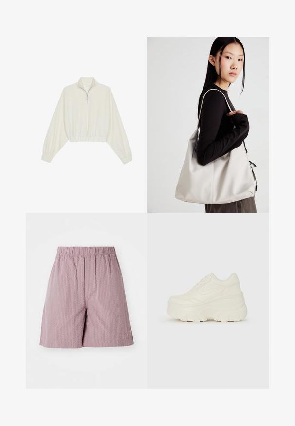 Kort striktrøje i cremefarvet stof med høj krave, halvlynlås, elastisk kant og manchetter, glat tekstur og minimalistisk design.; Lyserøde shorts lavet af tekstureret stof med elastisk talje og lige snit. Har et diskret mønster og en ren kant.; Hvide platform sneakers med en glat læderlignende overdel, rund form, polstret krave og struktureret gummisål med definerede riller.; Beige håndtaske lavet af blødt materiale med et slouchy design, stikninger og to skulderremme. Velegnet til daglig brug.