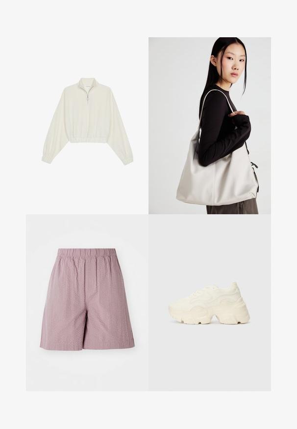 Kreemfarbenest lühikese varrukaga kudum, millel on kõrge kaelus, pool tõmblukk, elastne allosa ja varrukad, sile tekstuur ja minimaalne disain.; Kerged roosad lühikesed püksid, mis on valmistatud tekstuursetest kangast, elastse vöökoha ja sirge lõikega. Omavad peent mustrit ja puhta ääristusega.; Paksud valged tennised, mis on valmistatud tekstureeritud võrgu- ja sünteetilistest materjalidest, pakuvad paksu tallaga ja keerukat mustrit külgedel.; Bež käekott pehme materjali, millel on lõtv disain, õmblustega detailid ja kaks õlarihma. Sobib igapäevaseks kasutamiseks.