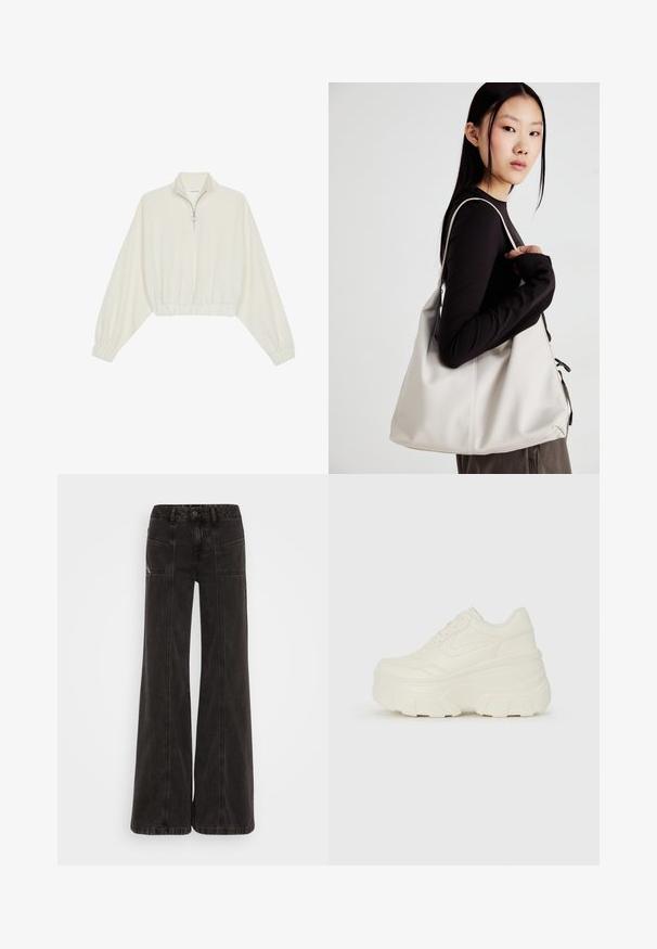 Lyhyt kerrosvaate vaaleasta kankaasta, jossa on korkea kaulus, puolivetoketjukiinnitys, joustavat helma ja hihansuut, tasainen pinta ja minimalistinen muotoilu.; Mustat leveälahkeiset farkut, joissa on korkeavyötärö, etutaskut ja sävyyn sointuva tikkaus saumoissa.; Valkoiset tasapohjakengät, joissa on sileä nahkamainen päällinen, pyöristetty muoto, pehmustettu nilkkaosa ja texturoitu kumipohja, jossa on hyvin määritellyt urat.; Beige laukku, joka on valmistettu pehmeästä materiaalista, ja siinä on rento muotoilu, ommeltu yksityiskohtia ja kaksi olkahihnaa. Sopii päivittäiseen käyttöön.