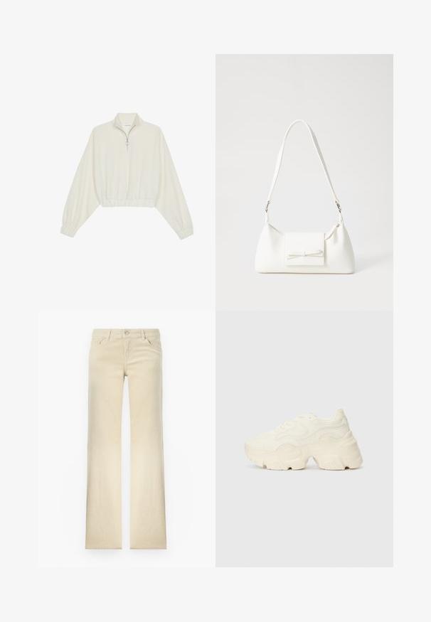 Pullover curto em tecido creme, apresentando um colarinho alto, fecho de meio zíper, bainha e punhos elásticos, com uma textura suave e design minimalista.; Calças beiges de perna reta feitas de algodão, com fecho frontal de botão, cinco bolsos e detalhes de costura mínimos.; Sapatilhas brancas chunky feitas de malha texturizada e materiais sintéticos, apresentando uma sola espessa e detalhes de padrão intrincados ao longo dos lados.; Mala sintética branca com formato triangular, aba frontal plana e detalhe de laço, alça ajustável, textura suave e design minimalista.