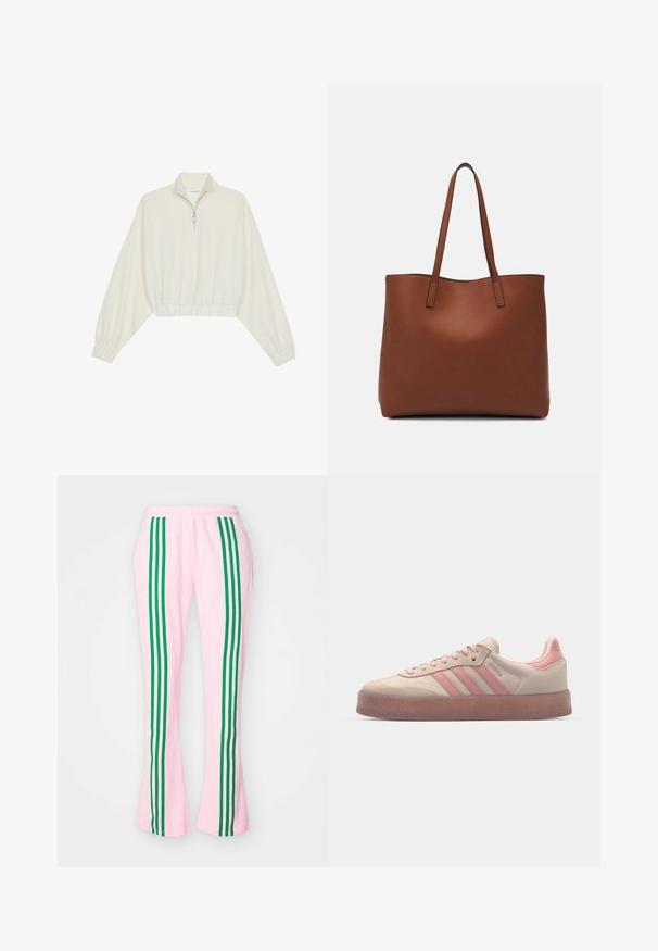Krém színű, rövidített pulóver, magas gallérral, félig cipzáros záródással, elasztikus derék- és ujjakrésszel, sima textúrával és minimalista dizájnnal.; adidas Originals Tréningruha alsók - true pink; Beige velúr tornacipő világos rózsaszín kiegészítőkkel, texturált gumi talppal és három rózsaszín csíkkal az oldalukon. Kerek orrú és fűzős kialakítás.; Barna bőr vászontáska sima textúrával, nyitott tetejű dizájnnal és két vállpánttal. Minimális varrással és látható hardver nélkül készült.