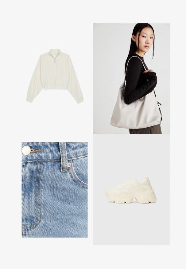Kratka pulover v kremnem blagu, z visokim ovratnikom, pol-zadrgo, elastičnim robom in manšetami, z gladko teksturo in minimalističnim oblikovanjem.; Svetlo modro jeansa tkanina s klasičnim vzorcem, vidnim šivom v kontrastni rjavi barvi in kovinsko gumbno zaponko na pasu.; Debele bele športne copate, izdelane iz teksturirane mrežaste in sintetične materialov, z debelim podplatom in zapletenimi vzorčičnimi detajli ob straneh.; Bežna torbica iz mehkega materiala, z ohlapno zasnovo, šivi in dvema naramnicama. Primerna za vsakodnevno uporabo.
