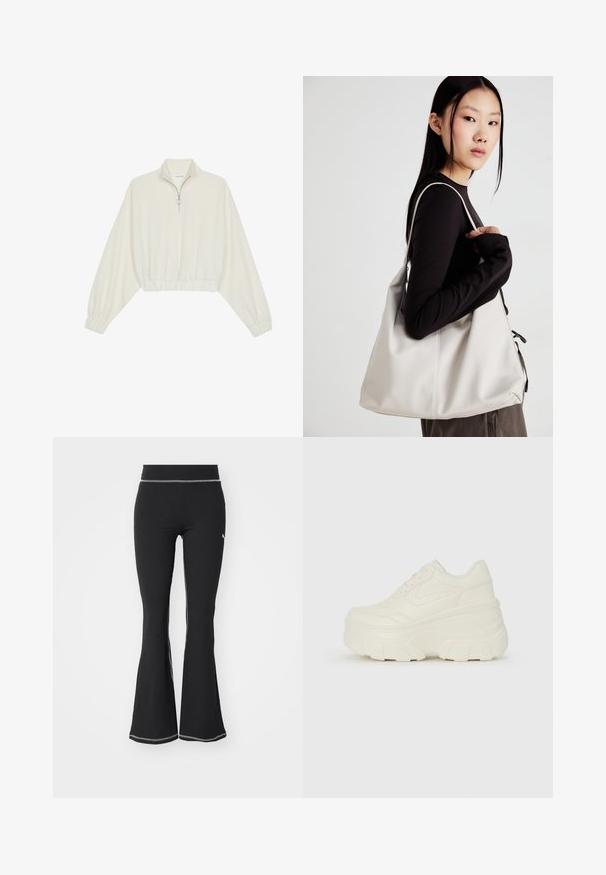 Kreminės spalvos trumpas megztinis, turintis aukštą apykaklę, pusiau užtrauktuką, elastinį apačią irRankovių kraštus, su lygiu paviršiumi ir minimalizuotu dizainu.; Juodi raukšlėti platėjantys leggingai su tekstūruota paviršiumi, turintys plokščią juosmenį ir baltos siūlės akcentus šonuose.; Baltos platformos sportbačiai su lygiu odos primenančiu paviršiumi, apvalia forma, paminkštintu apykakle ir tekstūruotu guminiu padu su ryškiais protektoriais.; Bežinė rankinė, pagaminta iš minkštos medžiagos, turinti laisvą dizainą, siuvinėtas detalės ir dvi petnešos. Tinkama kasdieniam naudojimui.