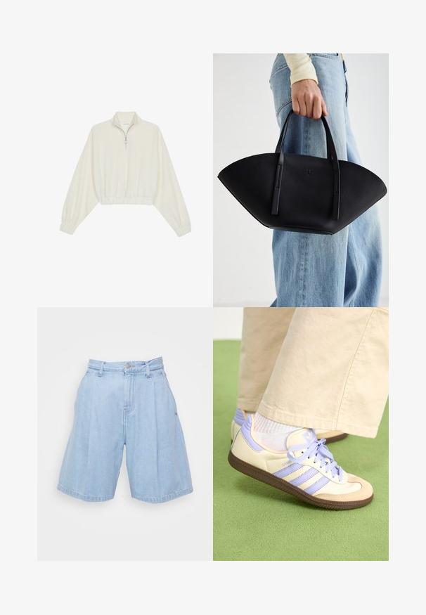 Cropped pullover in cream fabric, featuring a high collar, half-zip closure, elasticated hem and cuffs, with a smooth texture and minimal design.; Light blue denim shorts with a high waist, pleated front, and wide legs. Features standard belt loops and a button closure.; Cream and lavender sneakers with three stripes and a textured brown sole, featuring laces and a padded heel. Soft fabric upper.; Black leather handbag with a unique fan shape, featuring flat handles. The surface has a pebbled texture and a minimalistic design.