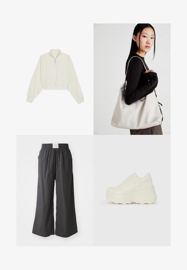 Kreptais pusītes džemperis krēmkrāsā, ar augstu apkakli, puszipa aizdari, elastīgu apakšmalu un aprocēm, ar gludu tekstūru un minimālistisku dizainu.; Melni un pelēki svītraini platās kājas bikses ar elastīgu jostu un Nike logo birku aizmugurē. Viegls audums, brīvs piegriezums.; Baltie platformas sporta apavi, kas izgatavoti no gludas mākslīgās ādas, ar noapaļotu formu, mīkstu apkakli un teksturētu gumijas zoli ar izteiktiem rakstiem.; Bežs rokassoma, izgatavota no mīksta materiāla, ar brīvu dizainu, izšūtu apdari un divām plecu siksnām. Piemērota ikdienas lietošanai.