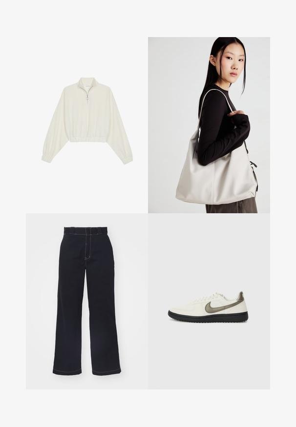 Cropped pullover in cream fabric, featuring a high collar, half-zip closure, elasticated hem and cuffs, with a smooth texture and minimal design.; Dark blue wide-leg pants made of cotton with a high waist, featuring contrasting white stitching and a clean, simple design.; Nike Sportswear FIELD GENERAL - Trainers - off-white/black; Beige handbag made of soft material, featuring a slouchy design, stitched detailing, and two shoulder straps. Suitable for everyday use.