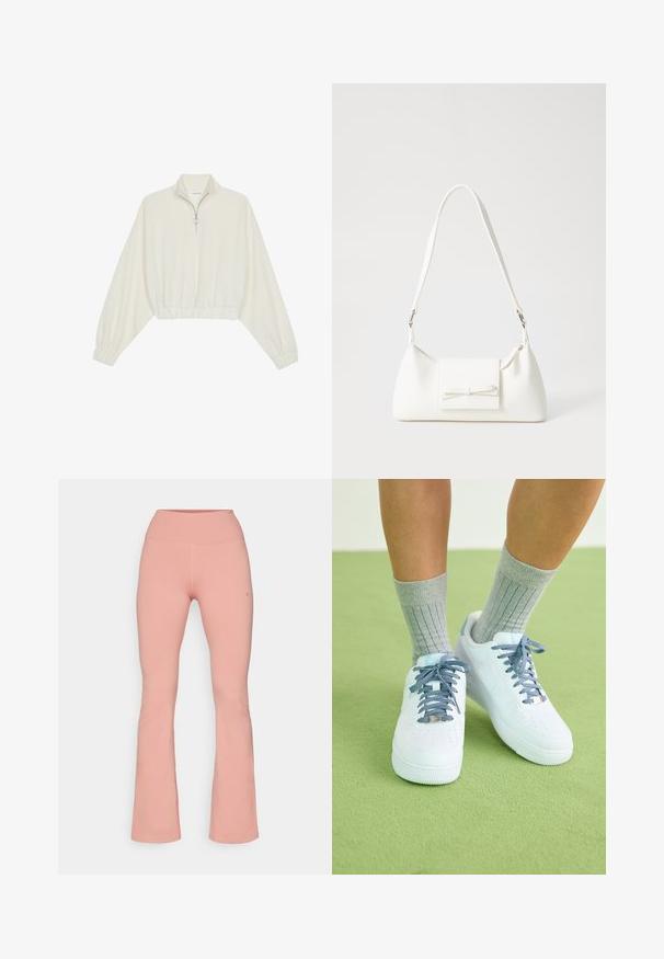 Pullover court en tissu crème, avec un col haut, fermeture éclair à mi-hauteur, ourlet et poignets élastiqués, offrant une texture lisse et un design minimaliste.; Pantalons de sport évasés en tissu rose doux, avec une taille haute et une texture lisse, agrémentés de coutures minimales et d'un détail de logo sur le côté.; Des baskets en cuir blanc avec des accents bleus, un design de bout perforé et des lacets texturés bleu et blanc, portées avec des chaussettes grises à côtes.; Sac à main synthétique blanc en forme triangulaire, avec un rabat avant plat et un détail en nœud, une bandoulière ajustable, une texture lisse et un design minimaliste.