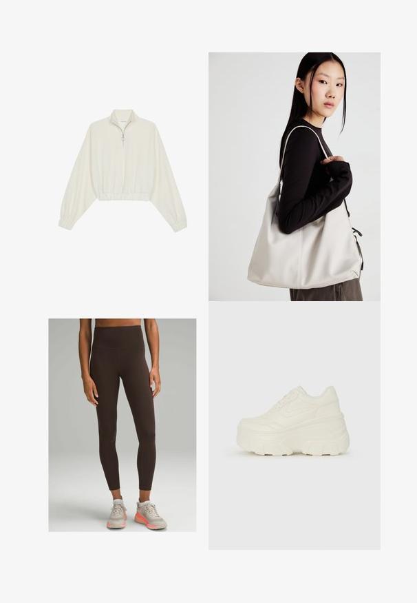 Kreemfarbenest lühikese varrukaga kudum, millel on kõrge kaelus, pool tõmblukk, elastne allosa ja varrukad, sile tekstuur ja minimaalne disain.; lululemon WUNDER TRAIN HIGH-RISE 64CM - Retuusid - espresso; Valged platvormi tõusukingad, millel on siledast nahast meenutav pealis, ümar kuju, pehmendatud kaelus ja tekstureeritud kummitald koos selgete hüdrofoobsete mustritega.; Bež käekott pehme materjali, millel on lõtv disain, õmblustega detailid ja kaks õlarihma. Sobib igapäevaseks kasutamiseks.