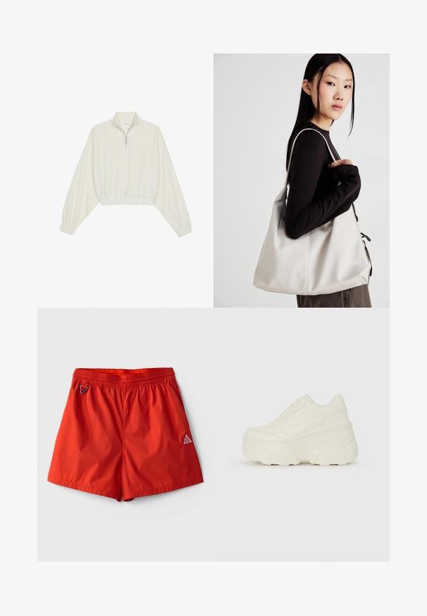 Kreminės spalvos trumpas megztinis, turintis aukštą apykaklę, pusiau užtrauktuką, elastinį apačią irRankovių kraštus, su lygiu paviršiumi ir minimalizuotu dizainu.; Raudoni, lengvi maudymosi šortai su elastinga juostele, integruota raišteliu ir mažo logo akcentu dešiniajame apatiniame kampe.; Baltos platformos sportbačiai su lygiu odos primenančiu paviršiumi, apvalia forma, paminkštintu apykakle ir tekstūruotu guminiu padu su ryškiais protektoriais.; Bežinė rankinė, pagaminta iš minkštos medžiagos, turinti laisvą dizainą, siuvinėtas detalės ir dvi petnešos. Tinkama kasdieniam naudojimui.