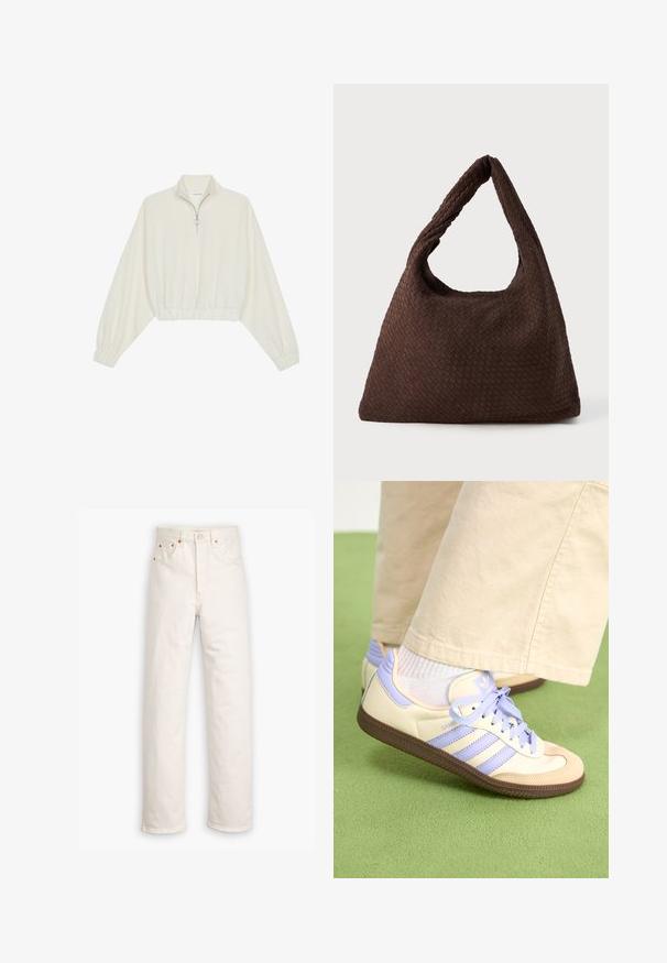 Sudadera cropped en tejido crema, con cuello alto, cierre de media cremallera, dobladillo y puños elásticos, con una textura suave y un diseño minimalista.; Jeans de mezclilla blanca con un diseño de pierna recta, estilo de cinco bolsillos y detalles de hardware en color cobre. Acabado sin dobladillo en los tobillos.; Zapatillas de crema y lavanda con tres rayas y una suela marrón texturizada, que cuentan con cordones y un talón acolchado. Parte superior de tela suave.; Bolso de mimbre marrón con forma relajada, una sola asa en bucle y una superficie texturizada. El diseño presenta un estilo hobo sin hardware adicional.
