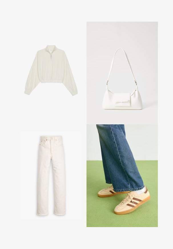 Kratka pulover v kremnem blagu, z visokim ovratnikom, pol-zadrgo, elastičnim robom in manšetami, z gladko teksturo in minimalističnim oblikovanjem.; Bela denim kavbojke s ravnim krojem, petimi žepi in bakrenimi dodatki. Neobdelani robovi na gležnjih.; Bež teniske z teksturiranimi kremnimi paneli in rjavimi črtami, v kombinaciji z modrimi kavbojkami. Kavbojke imajo široke hlačnice in raztrgan rob.; Bela sintetična torbica v obliki trikotnika, z ravnim sprednjim poklopcem in detajlom mašne, nastavljivim trakom, gladko teksturo in minimalističnim dizajnom.