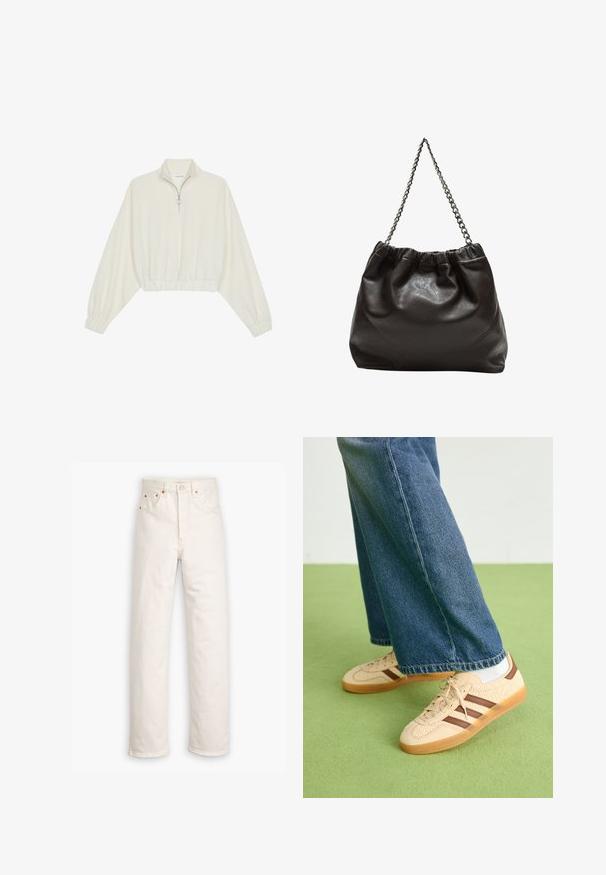 Kratka pulover v kremnem blagu, z visokim ovratnikom, pol-zadrgo, elastičnim robom in manšetami, z gladko teksturo in minimalističnim oblikovanjem.; Bela denim kavbojke s ravnim krojem, petimi žepi in bakrenimi dodatki. Neobdelani robovi na gležnjih.; Bež teniske z teksturiranimi kremnimi paneli in rjavimi črtami, v kombinaciji z modrimi kavbojkami. Kavbojke imajo široke hlačnice in raztrgan rob.; Rjava usnjena torba z nabranim vrhom in verižnim trakom. Gladka tekstura z sijajno površino in subtilnimi šivi na straneh.