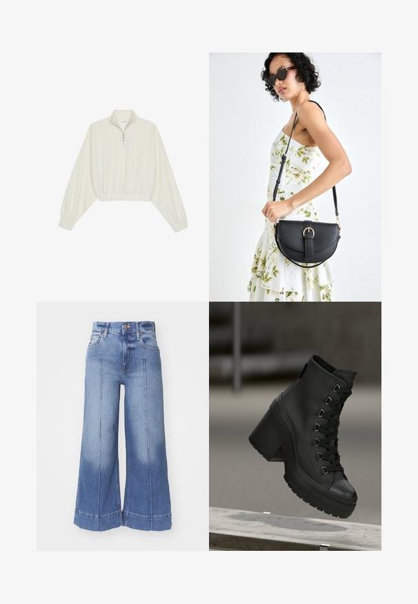 Kort genser i kremfarget stoff, med høy krage, halv glidelås, elastisk nederste kant og mansjetter, med en glatt tekstur og minimalistisk design.; Bredder jeans i lys blå, med høy midje, falmet design, frontlommer og sydd detaljer langs bena.; Sorte høyhælte plattformstøvler i svart med teksturert lærfinish, snøring foran og chunky hæl. Har en gummisåle med distinkte mønstre.; Svart lærveske med en buet form, avtagbar stropp og gullbeslag. Vesken har et klaff med spenne-detall.