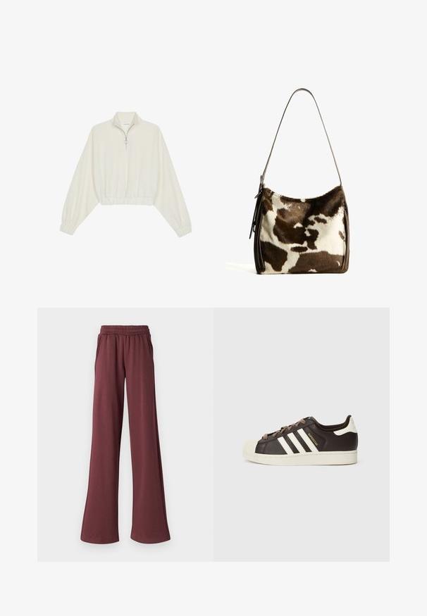 Krém színű, rövidített pulóver, magas gallérral, félig cipzáros záródással, elasztikus derék- és ujjakrésszel, sima textúrával és minimalista dizájnnal.; JJXX JXALLY REG WIDE PANTS - Tréningruha alsók - sassafras; Sötétbarna bőr alacsony szárú Adidas Superstar sportcipő krémszínű kagyló orral, fehér csíkokkal és "Superstar" felirattal az oldalon.; Barna és krémszínű tehénbőr válltáska sima bőrszíjjal, cipzáras záródással és puha, texturált felülettel, amely természetes mintázattal rendelkezik.