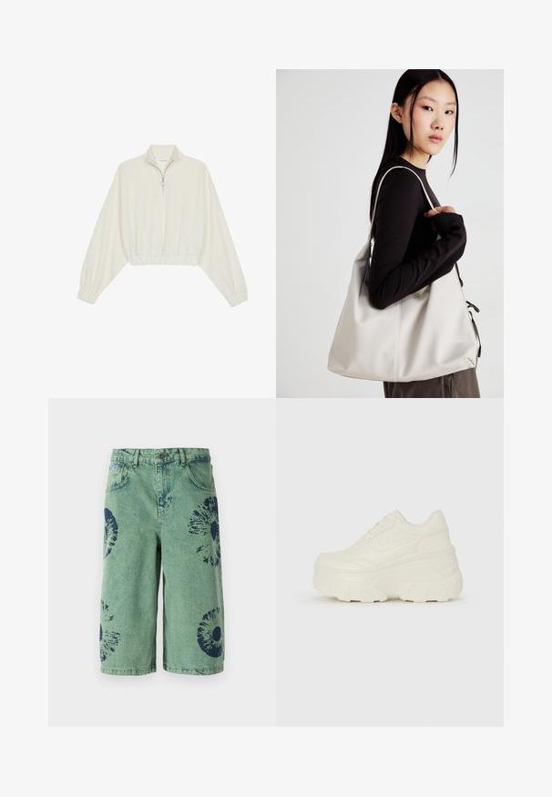 Pullover accorciato in tessuto crema, con colletto alto, chiusura a zip parziale, orlo e polsini elasticizzati, dalla texture liscia e design minimal.; The Ragged Priest ORACLE RELEASE - Shorts di jeans - green; Sneakers bianchi con piattaforma, caratterizzati da una parte superiore simile alla pelle liscia, forma arrotondata, collo imbottito e suola in gomma testurizzata con scanalature ben definite.; Borsa a mano beige realizzata in materiale morbido, caratterizzata da un design morbido, dettagli cuciti e due manici. Adatta per l'uso quotidiano.