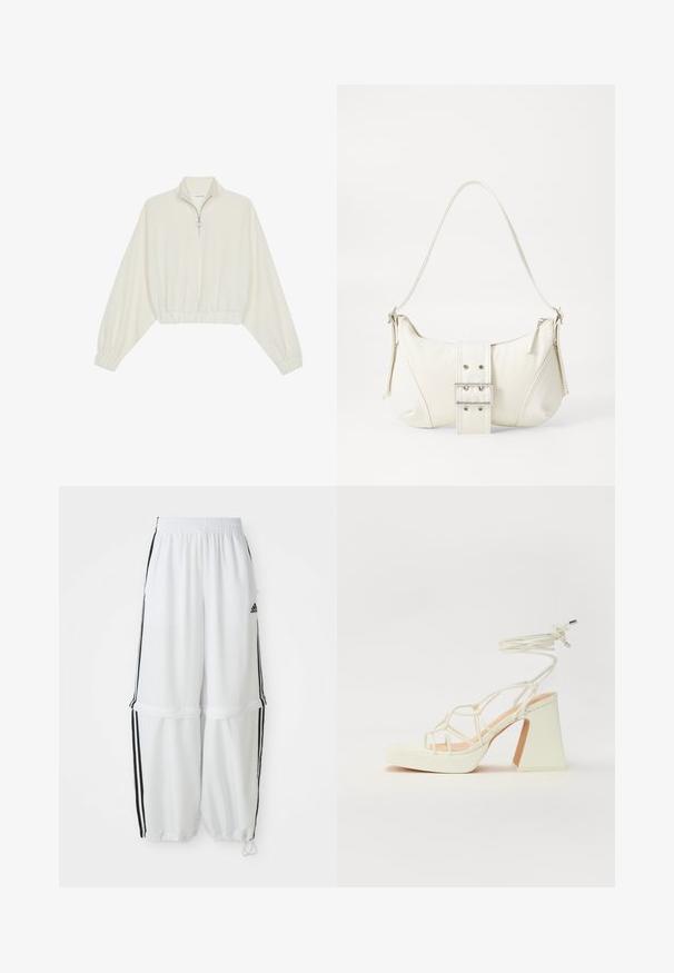 Kreemfarbenest lühikese varrukaga kudum, millel on kõrge kaelus, pool tõmblukk, elastne allosa ja varrukad, sile tekstuur ja minimaalne disain.; Valged sportlikud püksid, mille lõige on vabalt langev, elastse vöökoha ja mustade külgribadega. Omavad lukuga taskuid ja elastseid mansette pahkluude juures.; Valged kõrge kontsaga sandaalid, millel on paks konts ja rihmadega disain koos pahkluu sidumisega. Sile tekstuur ja platvorm ees, et lisada kõrgust.; Valge õlakott tekstuuriga viimistlusega, keskel kinnitatud pandlaga ja kõverate kujunditega. Tõmblukuga kinnitused mõlemal küljel.