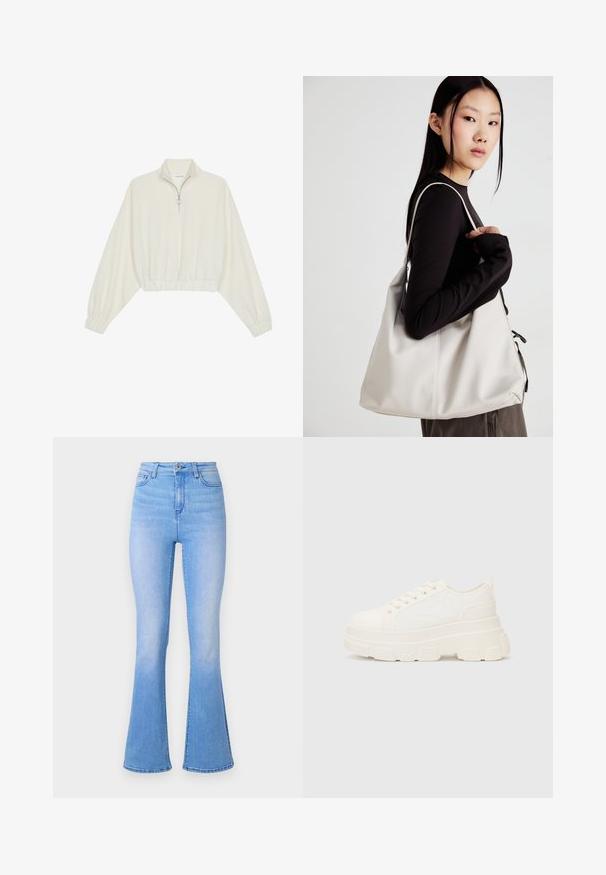 Pullover curto em tecido creme, apresentando um colarinho alto, fecho de meio zíper, bainha e punhos elásticos, com uma textura suave e design minimalista.; Jeans flare azul claro com cintura alta, feitos de denim. Apresentam uma textura suave e um leve desbotado em direção à bainha. Design clássico de cinco pocket.; Sapatilhas brancas em lona com sola espessa, biqueira arredondada e cinco ilhós para atacadores. Laço traseiro para calçar facilmente. Textura suave, design minimalista.; Uma bolsa bege feita de material macio, com um design descontraído, detalhes de costura e duas alças para o ombro. Adequada para uso diário.