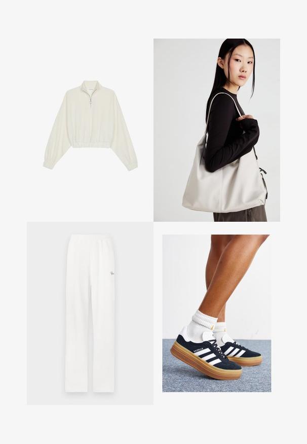 Pullover curto em tecido creme, apresentando um colarinho alto, fecho de meio zíper, bainha e punhos elásticos, com uma textura suave e design minimalista.; Calças de lounge brancas, com nervuras, cintura elástica e um pequeno logotipo decorativo no lado esquerdo. Design de perna reta e textura suave.; Ténis de camurça preta com riscas e detalhes brancos, biqueira arredondada, sola em borracha cor de goma, combinados com meias brancas caneladas até à altura do tornozelo.; Uma bolsa bege feita de material macio, com um design descontraído, detalhes de costura e duas alças para o ombro. Adequada para uso diário.