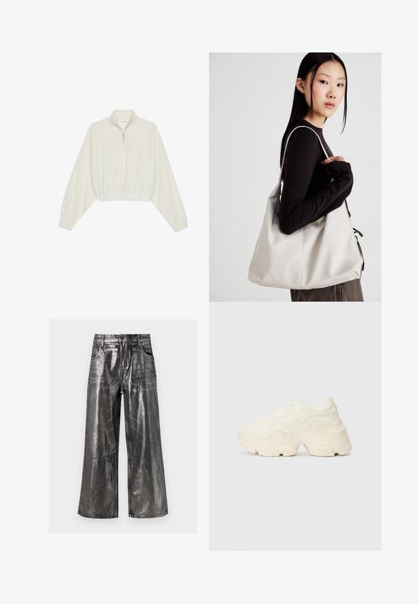 Kratka pulover v kremnem blagu, z visokim ovratnikom, pol-zadrgo, elastičnim robom in manšetami, z gladko teksturo in minimalističnim oblikovanjem.; Metalne srebrne hlače širokega kroja z gladko, sijočo teksturo, z zasnovo petih žepov in zankami za pas. Naravnost krojen, sproščen stil.; Debele bele športne copate, izdelane iz teksturirane mrežaste in sintetične materialov, z debelim podplatom in zapletenimi vzorčičnimi detajli ob straneh.; Bežna torbica iz mehkega materiala, z ohlapno zasnovo, šivi in dvema naramnicama. Primerna za vsakodnevno uporabo.