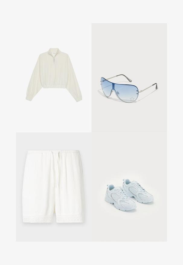 Kort genser i kremfarget stoff, med høy krage, halv glidelås, elastisk nederste kant og mansjetter, med en glatt tekstur og minimalistisk design.; Hvite shorts laget av lettvektsstoff, med en teksturert overflate og blondekant nederst. Elastisk midje med justerbar snøring.; Lyseblå treningssko med overdel av mesh og syntetisk materiale, med hvite prikker og reflekterende detaljer, snøring og polstrede såler.; Pilotbriller med gradient blå linse, sølvfarget metallramme og dekorative stjerneaksenter på linsen. Glatt og stilren design.