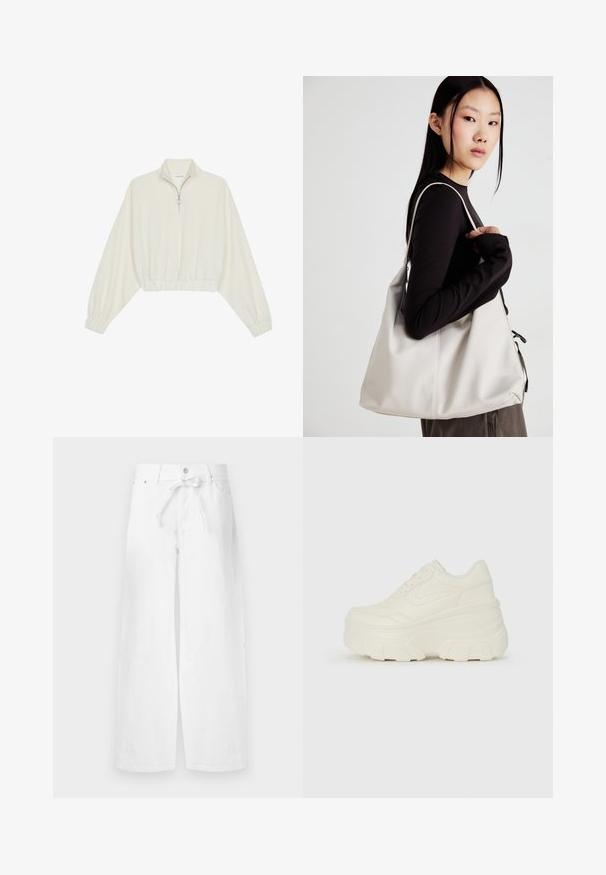 Kreminės spalvos trumpas megztinis, turintis aukštą apykaklę, pusiau užtrauktuką, elastinį apačią irRankovių kraštus, su lygiu paviršiumi ir minimalizuotu dizainu.; Balti platūs medvilniniai kelnes su raišteliu juosmens, vienu mygtuku užsegimu ir priekinėmis kišenėmis. Lygus paviršius, be raštų.; Baltos platformos sportbačiai su lygiu odos primenančiu paviršiumi, apvalia forma, paminkštintu apykakle ir tekstūruotu guminiu padu su ryškiais protektoriais.; Bežinė rankinė, pagaminta iš minkštos medžiagos, turinti laisvą dizainą, siuvinėtas detalės ir dvi petnešos. Tinkama kasdieniam naudojimui.