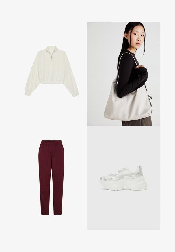 Kreptais pusītes džemperis krēmkrāsā, ar augstu apkakli, puszipa aizdari, elastīgu apakšmalu un aprocēm, ar gludu tekstūru un minimālistisku dizainu.; Burgundijas krāsas sporta bikses, izgatavotas no mīksta materiāla, ar elastīgu vidukli un sašaurinātiem galiem. Nav redzamu rakstu vai metāla detaļu.; Sudraba sporta apavi ar teksturētu sieta virsmu un iridescentiem akcentiem, aprīkoti ar masīvu baltu zoli un saistēšanas aizdari.; Bežs rokassoma, izgatavota no mīksta materiāla, ar brīvu dizainu, izšūtu apdari un divām plecu siksnām. Piemērota ikdienas lietošanai.