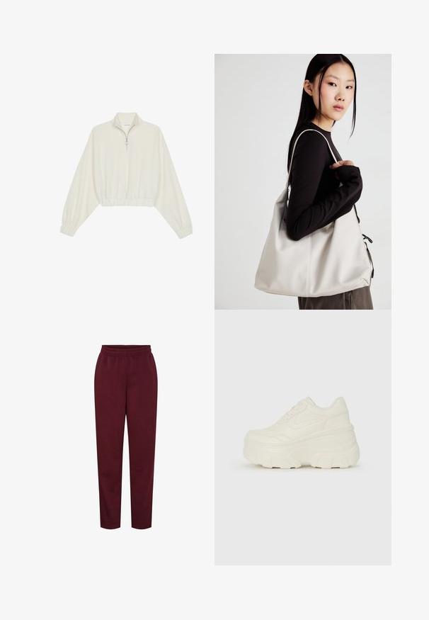 Kreminės spalvos trumpas megztinis, turintis aukštą apykaklę, pusiau užtrauktuką, elastinį apačią irRankovių kraštus, su lygiu paviršiumi ir minimalizuotu dizainu.; Bordo sportinės kelnės, pagamintos iš minkštos medžiagos, su elastingu juosmeniu ir siaurėjančiais džinsais. Nėra matomų raštų ar aparatūros detalių.; Baltos platformos sportbačiai su lygiu odos primenančiu paviršiumi, apvalia forma, paminkštintu apykakle ir tekstūruotu guminiu padu su ryškiais protektoriais.; Bežinė rankinė, pagaminta iš minkštos medžiagos, turinti laisvą dizainą, siuvinėtas detalės ir dvi petnešos. Tinkama kasdieniam naudojimui.