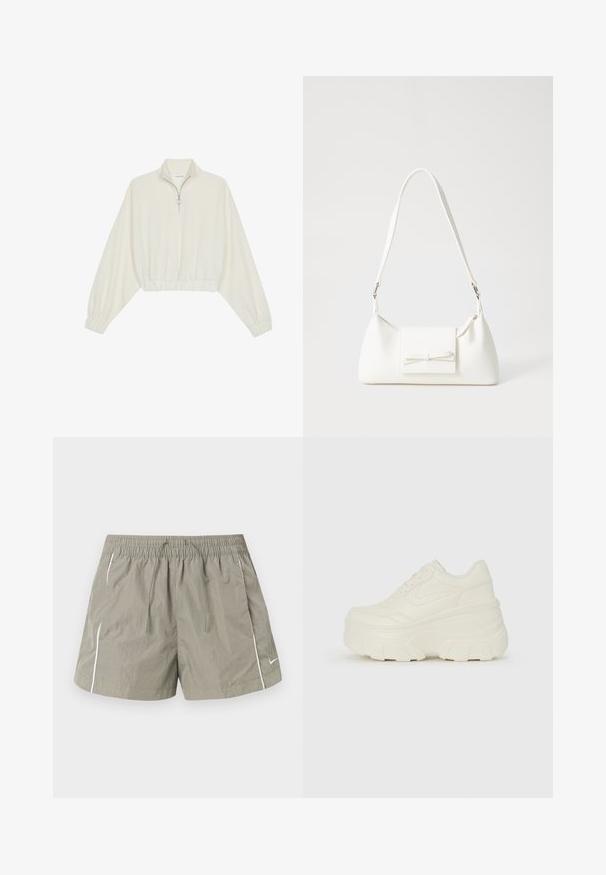 Κομμένο pullover από κρέμα ύφασμα, με ψηλό γιακά, μισό φερμουάρ, ελαστική μέση και μανίκια, με λεία υφή και μινιμαλιστικό σχέδιο.; Πράσινα νάιλον σορτσάκια με ελαστική ζώνη μέσης, κορδονάκι προσαρμογής, πλάγιες τσέπες και λευκές λεπτομέρειες κατά μήκος των ραφών. Ελαφρύ, χωρίς ζάρωμα υλικό.; Λευκά αθλητικά παπούτσια με πλατφόρμα, διαθέτουν λείο επάνω μέρος που μοιάζει με δέρμα, στρογγυλή σιλουέτα, επενδυμένο κολάρο και υφασμένο καουτσούκ σόλα με καθορισμένα μοτίβα.; Λευκή συνθετική τσάντα σε τριγωνικό σχήμα, με επίπεδη μπροστινή καπάκι και λεπτομέρεια φιόγκου, ρυθμιζόμενο λουράκι, απαλή υφή και μινιμαλιστικό σχέδιο.