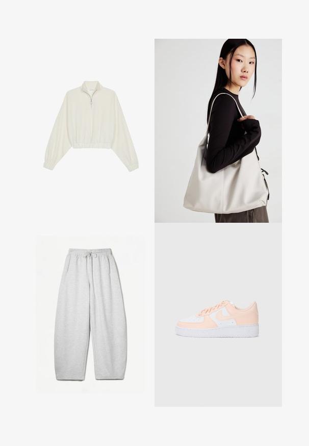 Cropped pullover in cream fabric, featuring a high collar, half-zip closure, elasticated hem and cuffs, with a smooth texture and minimal design.; Light grey sweatpants with a relaxed fit, elastic waistband, drawstring, and side pockets; made from soft, textured fabric.; Nike Air Force 1 sneakers feature a white leather upper with soft pink accents. The rubber sole is textured for grip. Classic design and lace-up closure.; Beige handbag made of soft material, featuring a slouchy design, stitched detailing, and two shoulder straps. Suitable for everyday use.