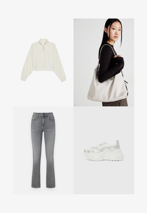 Kreemfarbenest lühikese varrukaga kudum, millel on kõrge kaelus, pool tõmblukk, elastne allosa ja varrukad, sile tekstuur ja minimaalne disain.; Halli denim püksid, millel on istuv talje, õrn tuhmumine ja laienev jalgade disain. Omab viit taskut, millel on tõmblukk ja nööbi sulgemine.; Hõbedane sneaker, millel on tekstuuriga võrgust ülemine osa ja iridesSentne aktsent, pakub tummist valget tallat ja nööridega sulgemist.; Bež käekott pehme materjali, millel on lõtv disain, õmblustega detailid ja kaks õlarihma. Sobib igapäevaseks kasutamiseks.