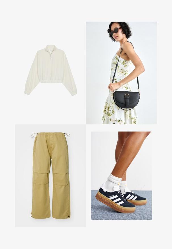 Kratka pulover v kremnem blagu, z visokim ovratnikom, pol-zadrgo, elastičnim robom in manšetami, z gladko teksturo in minimalističnim oblikovanjem.; Khaške cargo hlače s širokimi nogavicami, elastičnim pasom, sprednjimi žepi in prilagodljivimi vraticami. Narejene iz lahkega materiala.; Črni antilop superge z belimi črtami in poudarki, okrogel prst, gumijasti podplat, kombinirane z belimi rebrastimi nogavicami.; Črna usnjena torbica s ukrivljeno obliko, z odstranljivo naramnico in zlatimi dodatki. Torbica ima pokrov s podrobnostmi v obliki zaponke.