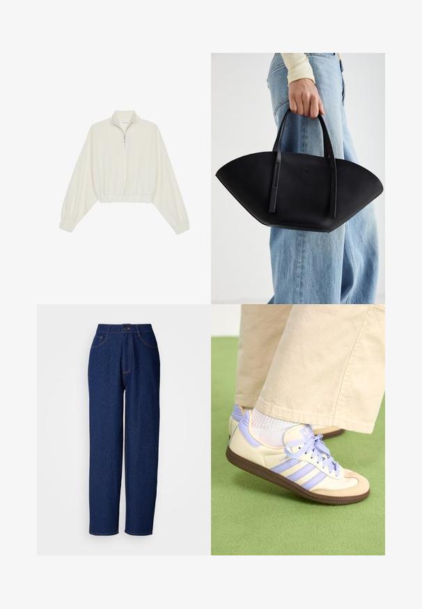 Pulover scurt din stofă crem, cu guler înalt, închidere cu fermoar pe jumătate, elastic la margini și la manșete, cu o textură netedă și un design minimalist.; Pantaloni din denim lungi, de culoare bleu închis, cu talie înaltă, având cusături portocalii, buzunare frontale și închidere cu nasture. Textură netedă cu stropi subtili.; Adidași crem și lavandă cu trei dungi și o talpă texturată maro, având șireturi și un călcâi căptușit. Superior din material moale.; Geantă de piele neagră cu o formă unică de evantai, având mânere plate. Suprafața are o textură cu mici granule și un design minimalist.